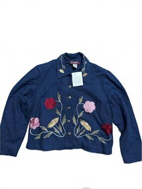 NWT 90s Vintage Denim&CO Denim Floral Embroidered Jacket Size L 100% Cotton